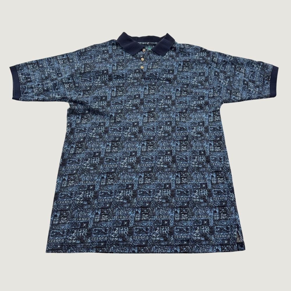 Big Dogs Polo Shirt Mens Large Blue Black Geometric Print Cotton Short Sleeve